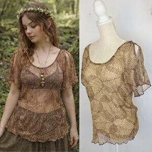 Charlotte Russe Y2K Sheer Top Large Brown Leaf Forest Fairy Goblin Boho Earthy